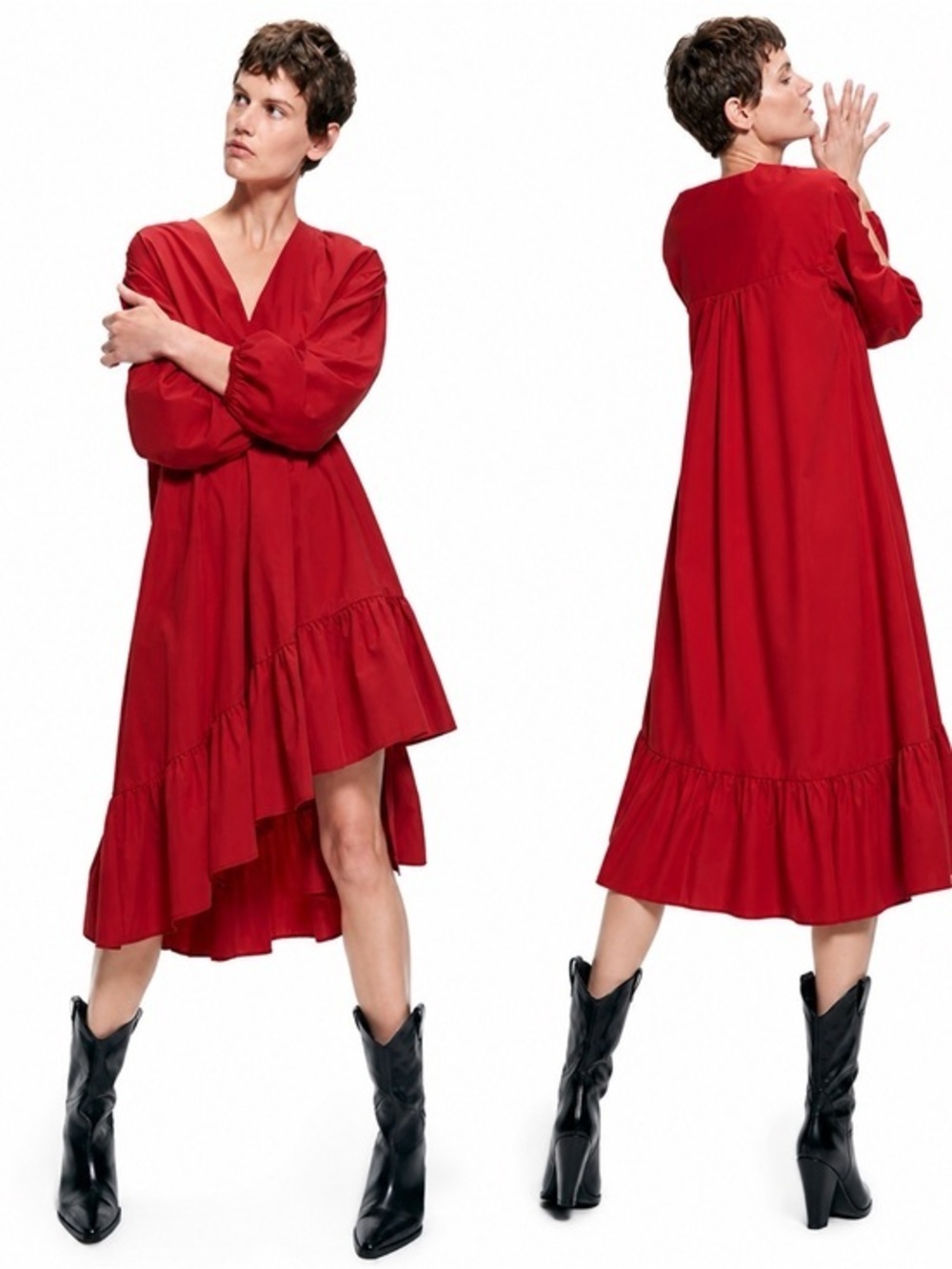 Zara Ruffle Midi Dress Red Medium Boho Tiered Asymmetrical Cottagecore Prarie